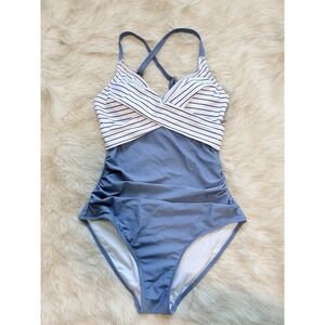 B2Prity Twist Front One-Piece Striped Blue White Ruched Sides Tummy Control XL